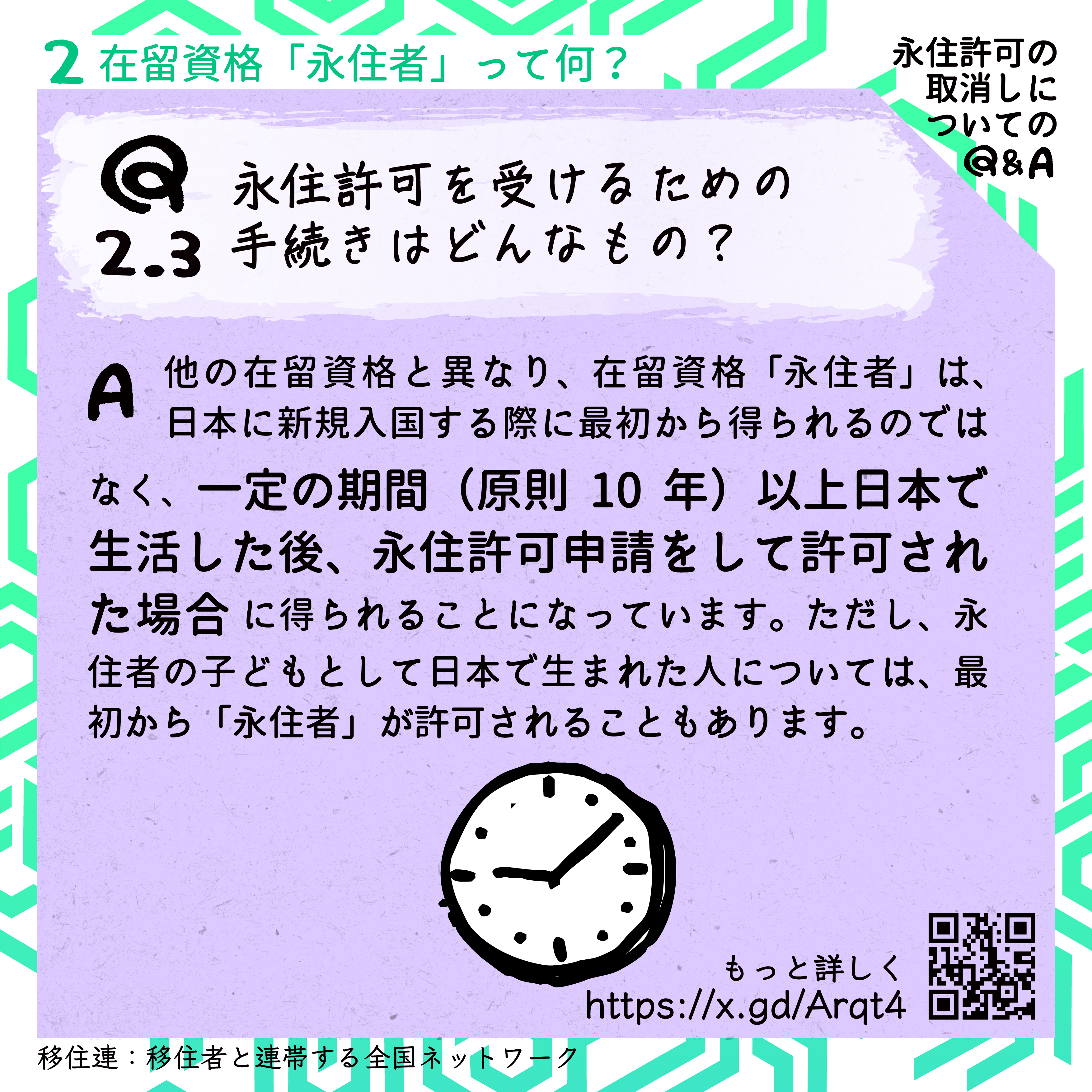 ２　在留資格「永住者」って何？
Q2.3：永住許可を受けるための手続きはどんなもの？
A:他の在留資格と異なり、在留資格「永住者」は、日本に新規入国する際に最初から得られるのではなく、一定の期間（原則10年）以上日本で生活した後、永住許可申請をして許可された場合に得られることになっています。ただし、永住者の子どもとして日本で生まれた人については、最初から「永住者」が許可されることもあります。

永住許可の取消しについての Q&A
もっと詳しく→URL https://x.gd/Arqt4　とそのQRコード
移住連：移住者と連帯する全国ネットワーク
